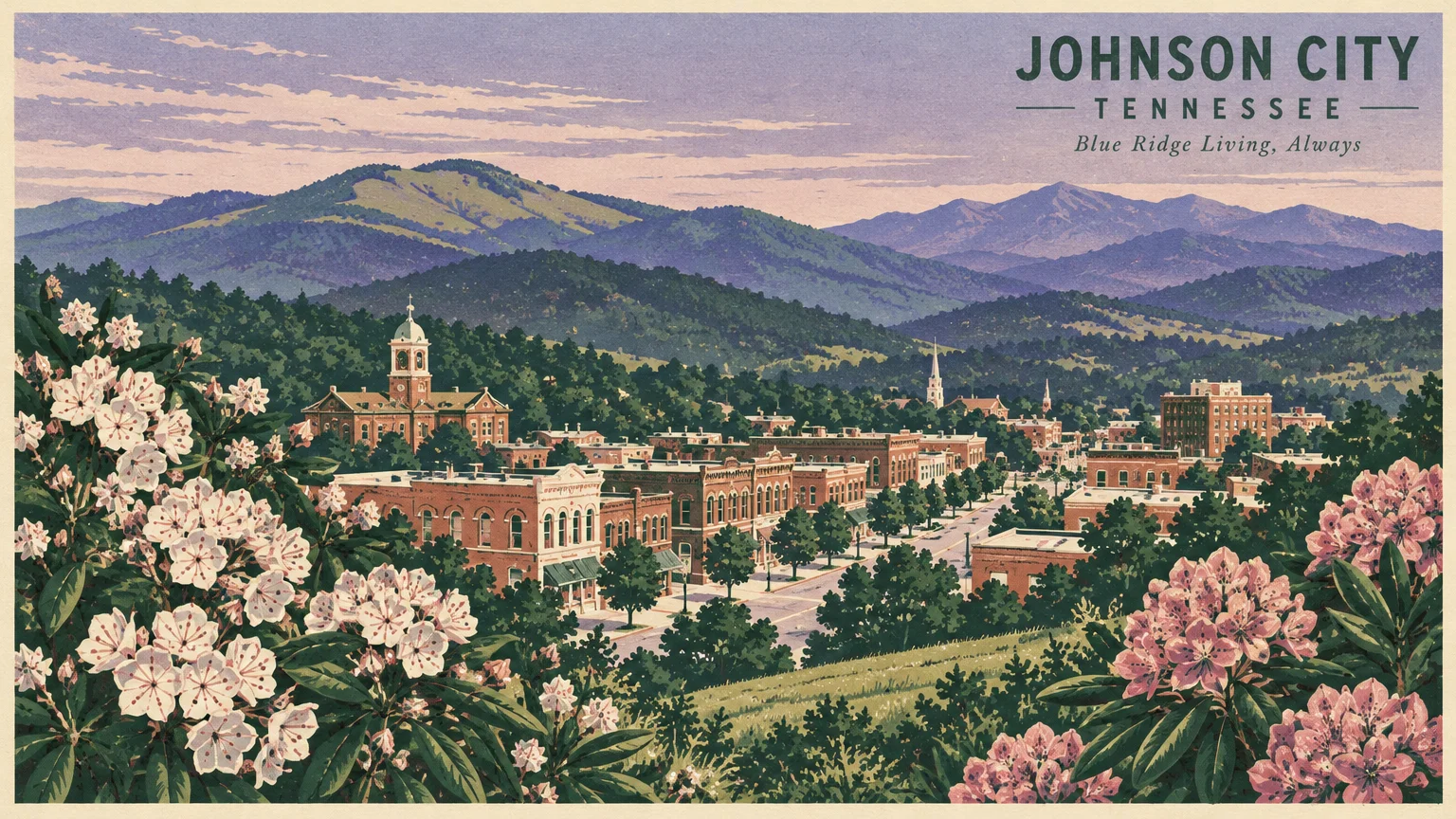 Screenprint illustration of Johnson City, Tennessee, nestled in the Blue Ridge Mountains with blooming rhododendrons in front.