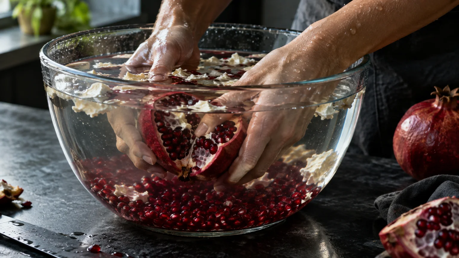 Hands breaking open a fresh pomegranate submerged in a large glass bowl of water to separate the seeds.