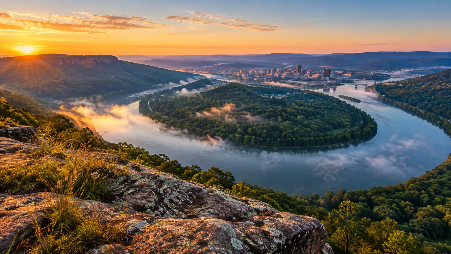 High-angle sunrise over a wide horseshoe river bend surrounded by forested mountains and a distant city skyline.