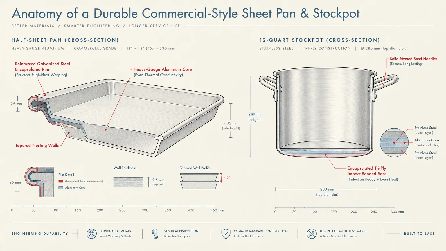 Cross-section diagrams of a commercial-style half-sheet pan and a 12-quart stainless steel stockpot with technical specs.