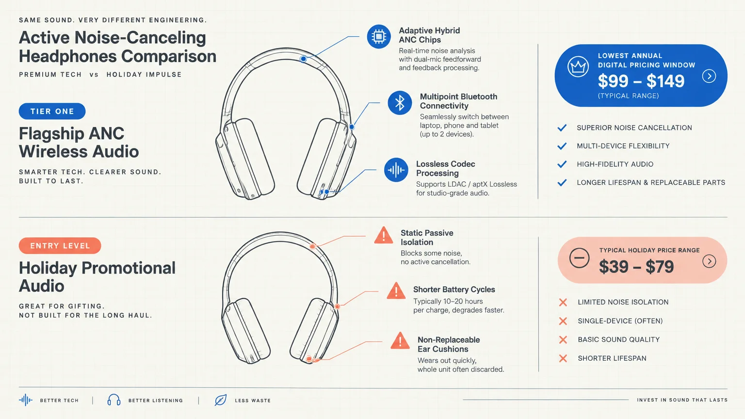Diagram comparing Flagship ANC Wireless Audio features and price against entry-level Holiday Promotional Audio headphones.