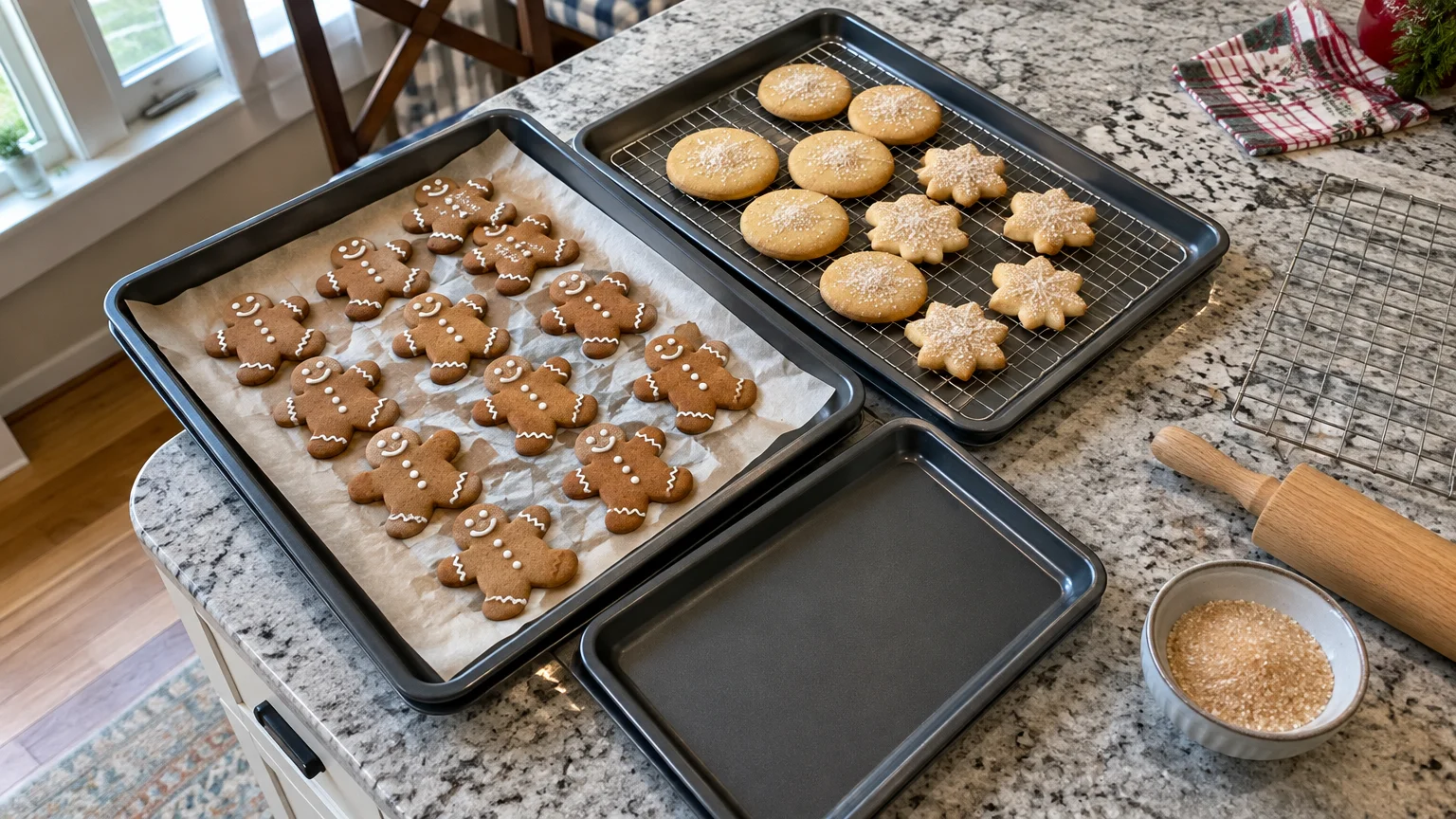 Three dark baking sheets on a granite counter with gingerbread men, round cookies, cooling racks, and a rolling pin.