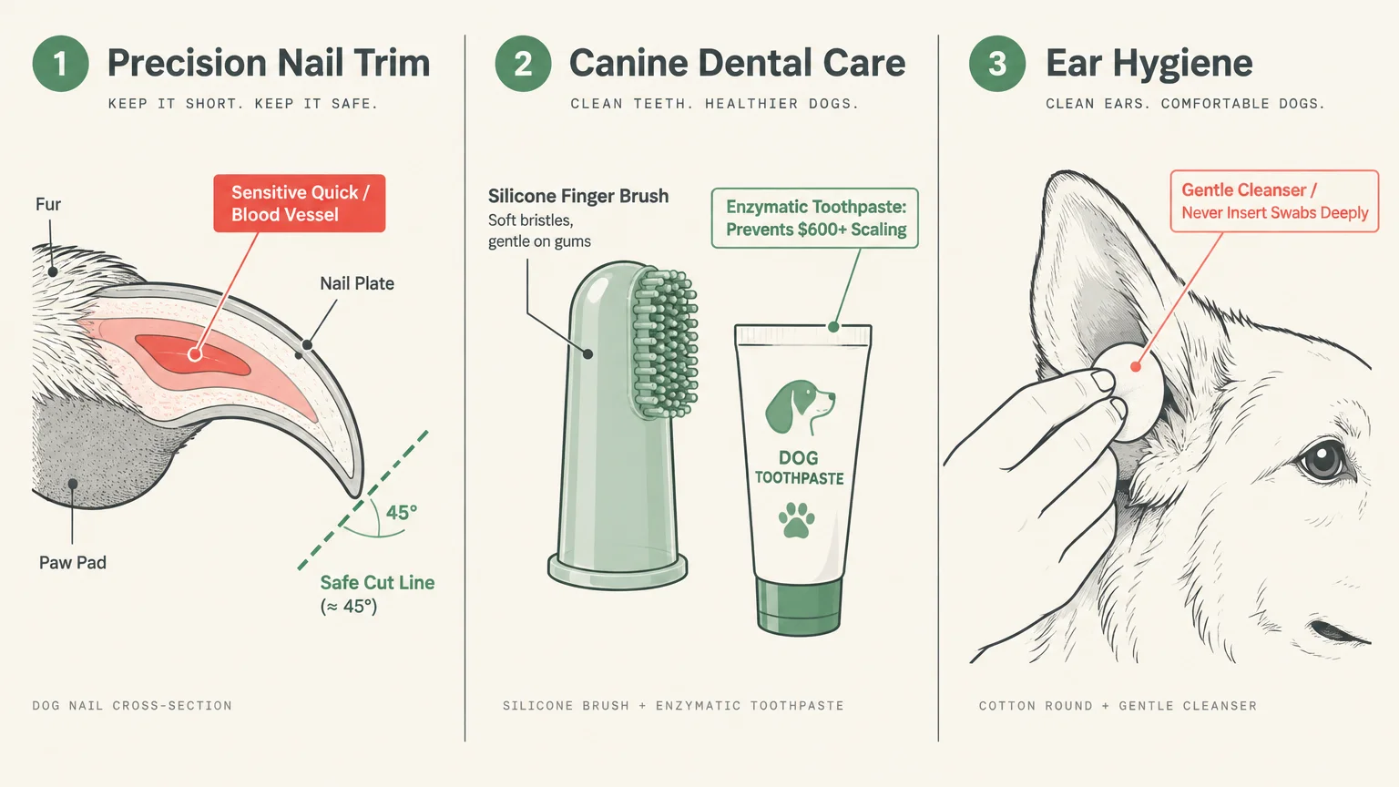 Three-panel diagram detailing dog grooming techniques for nail trimming, canine dental care, and ear hygiene.