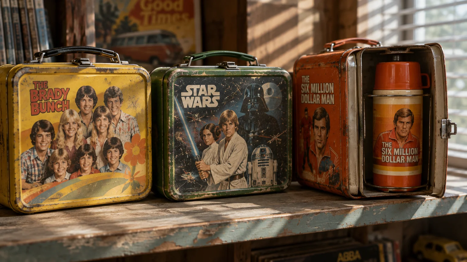 Three vintage 1970s metal lunchboxes on a shelf featuring The Brady Bunch, Star Wars, and The Six Million Dollar Man with thermos.