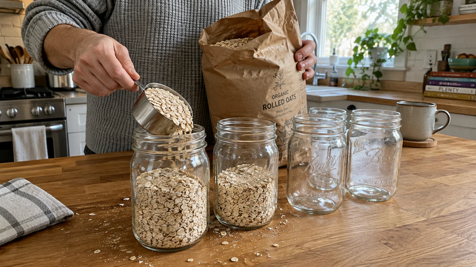 A person scoops rolled oats from a brown paper bag into glass mason jars lined up on a wooden kitchen counter.