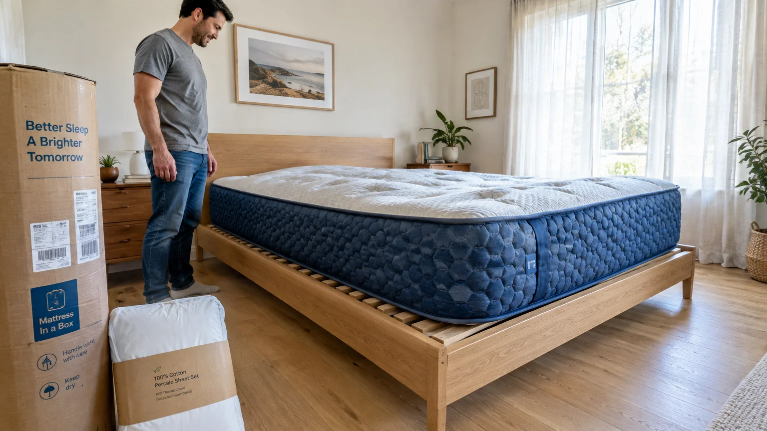 A man looks at an unboxed blue and white mattress on a wooden bed frame beside a shipping box and sheets.