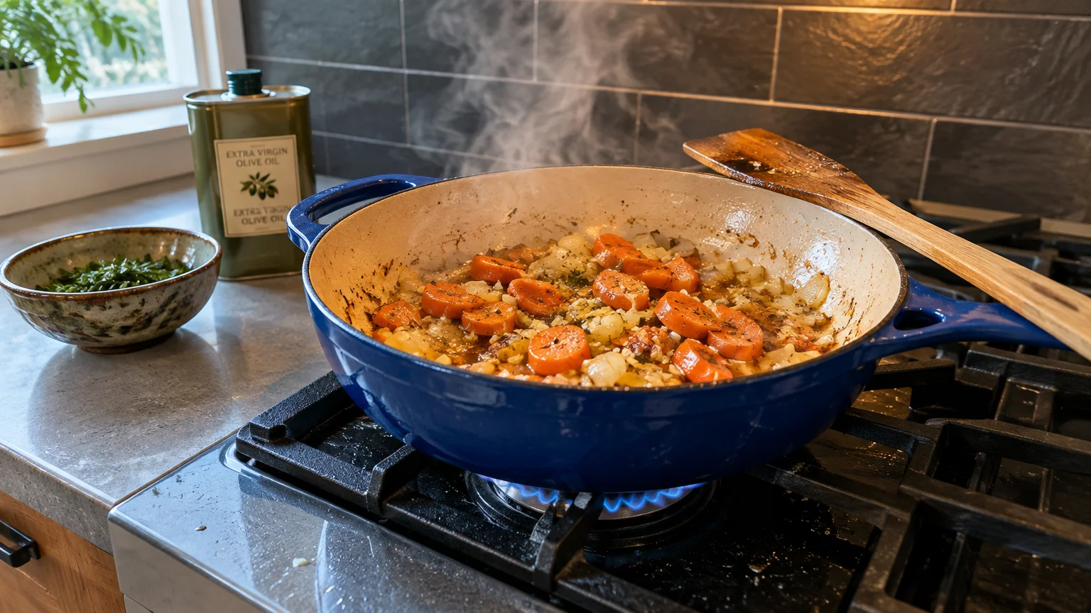 Sliced carrots and onions cooking in a blue enameled cast iron braiser on a gas stove over an open flame.