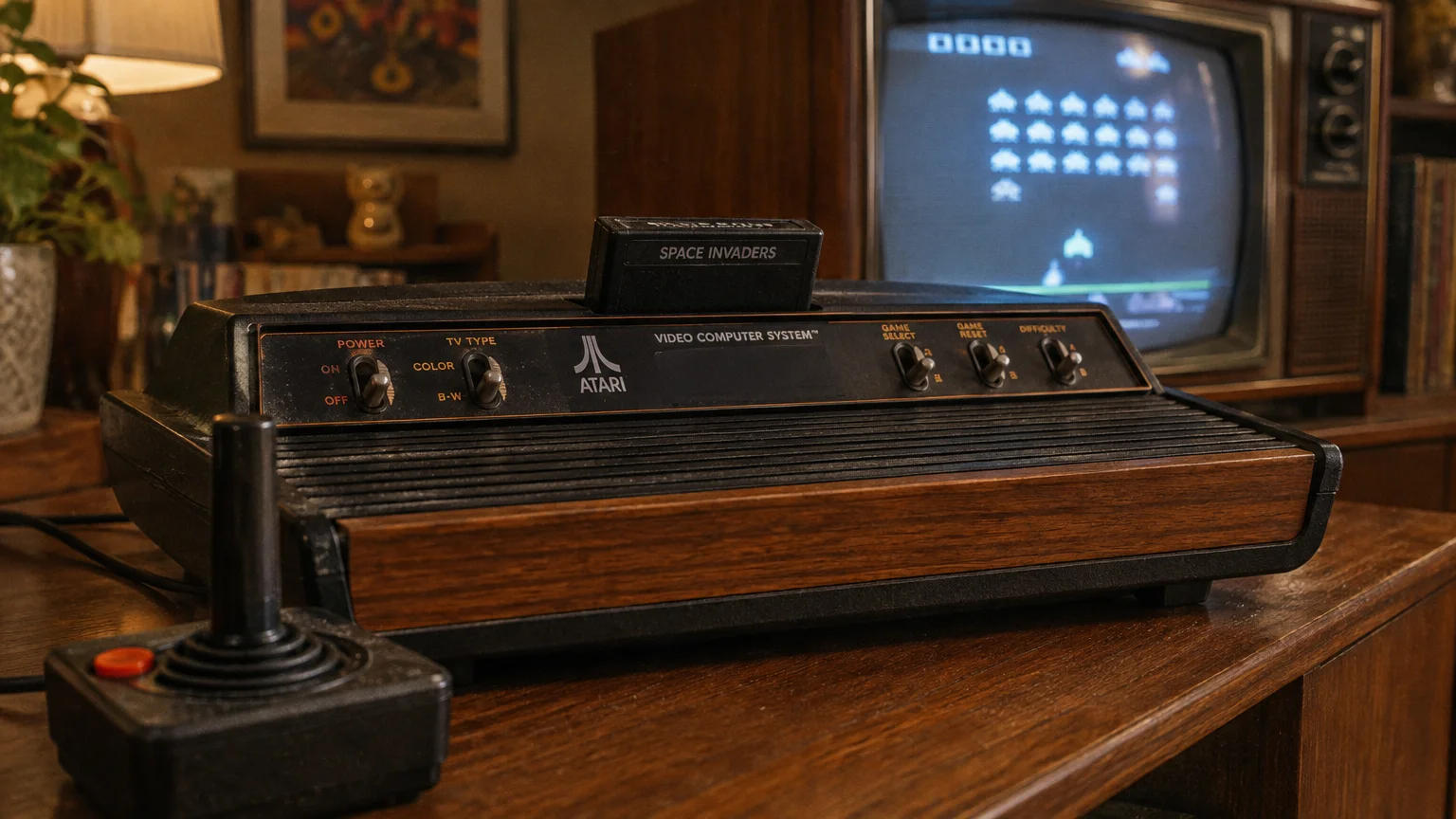 Vintage Atari Video Computer System console with joystick and Space Invaders cartridge, placed before a CRT television.