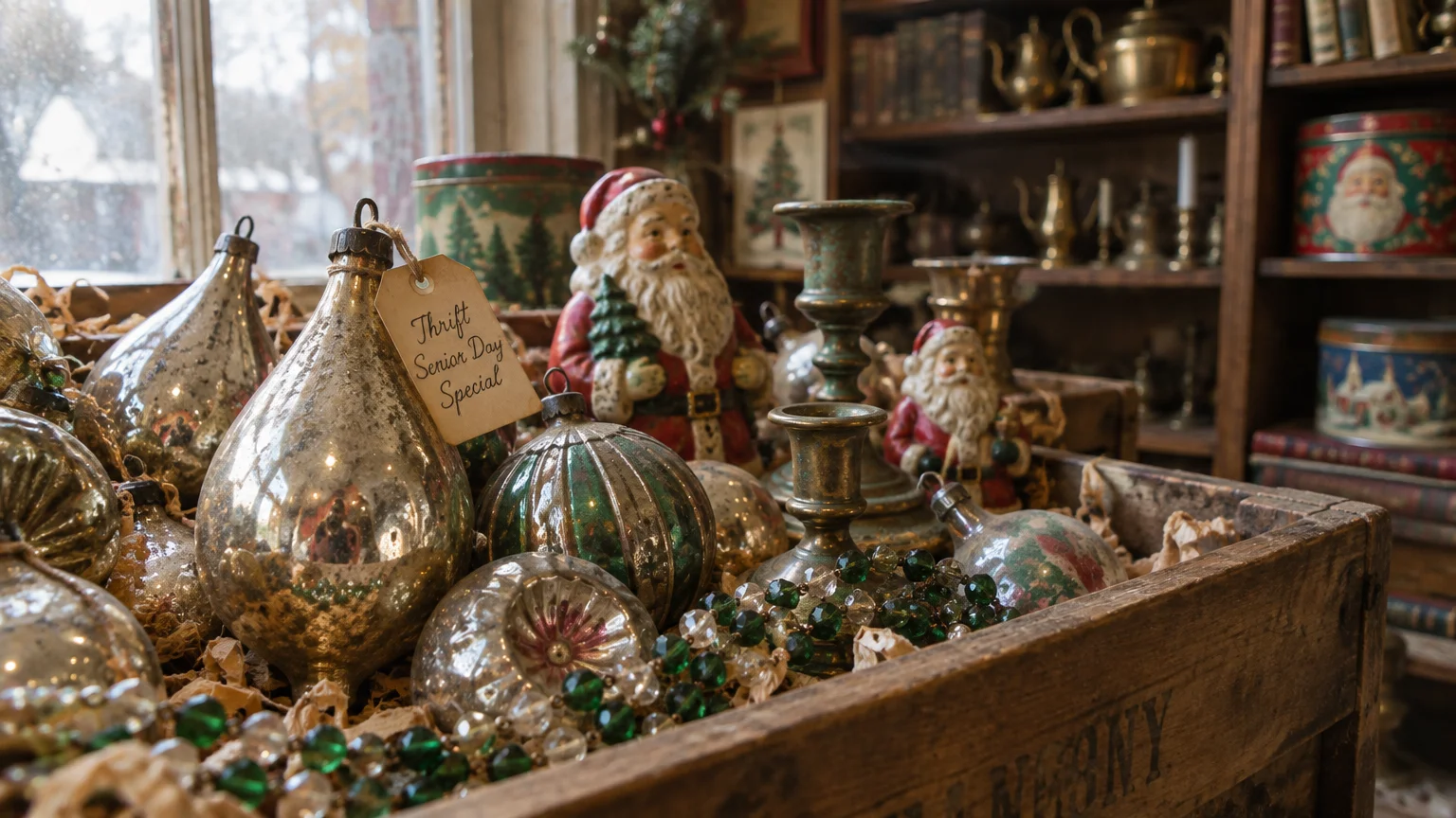 Vintage glass ornaments, Santa figurines, and brass candle holders inside a wooden crate in a thrift shop.