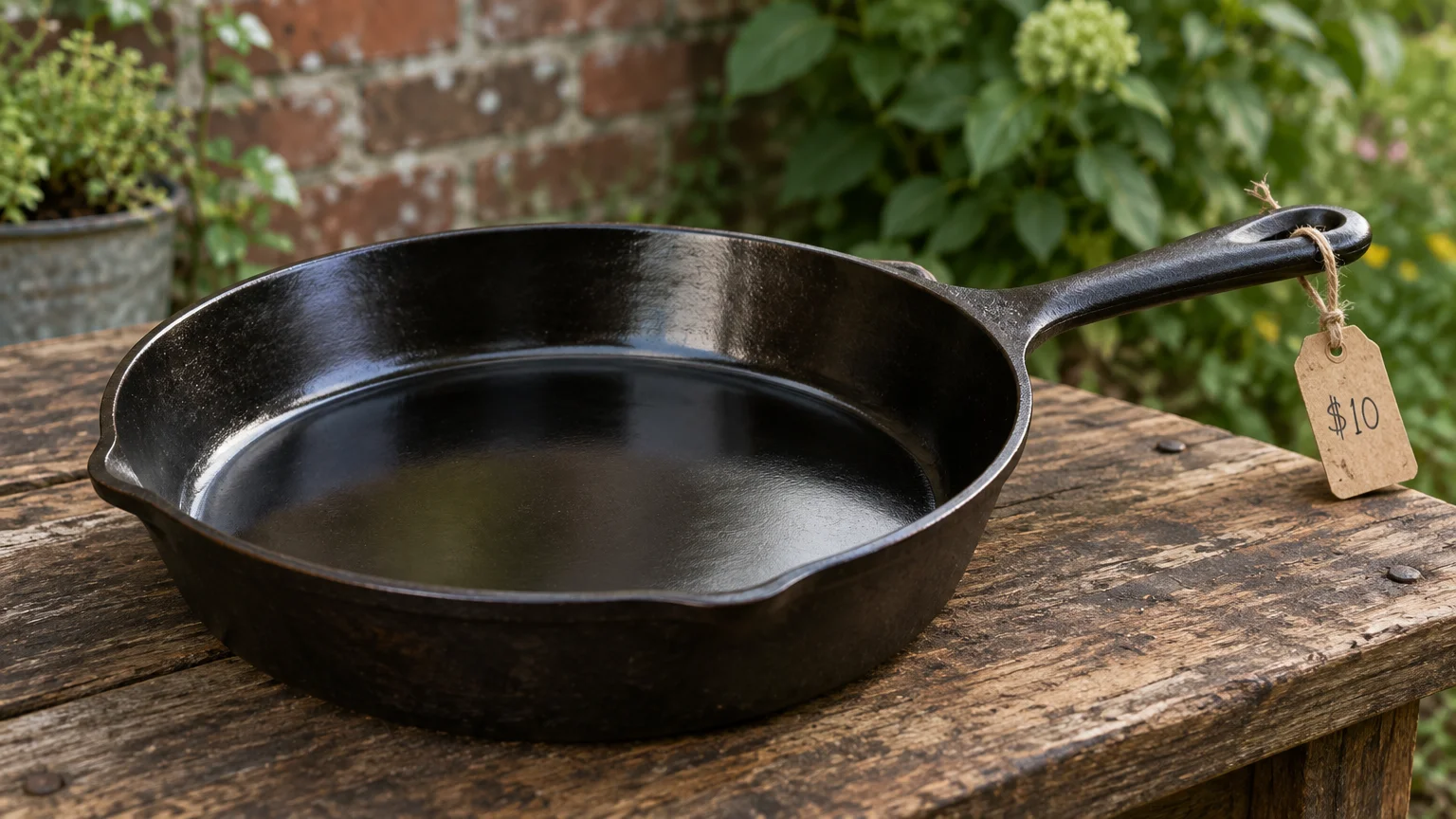 A seasoned cast iron skillet with a ten dollar price tag sits on a rustic wooden outdoor table.