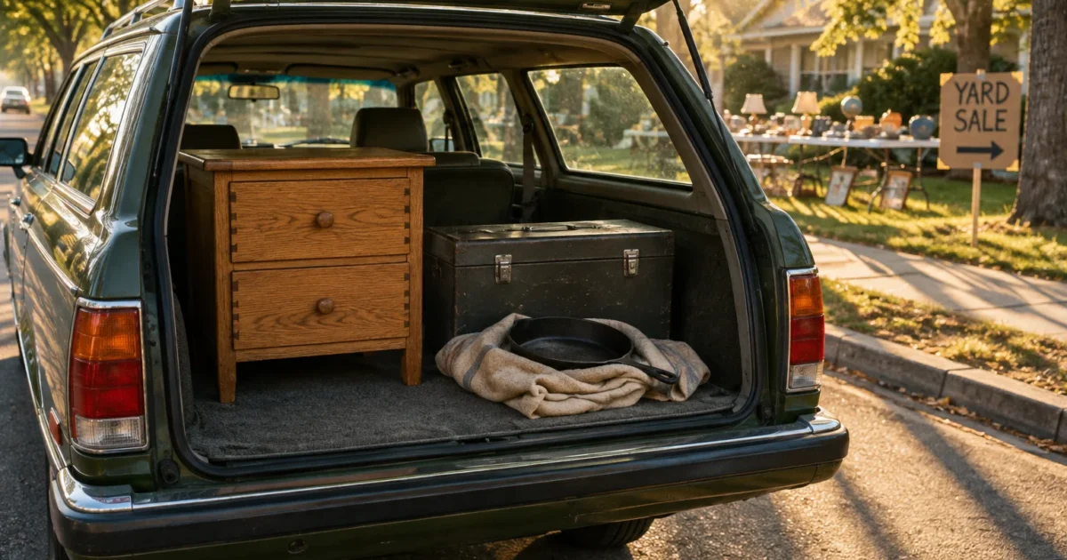 Wooden nightstand, vintage chest, and cast iron skillet loaded into the open trunk of a station wagon near a yard sale sign.