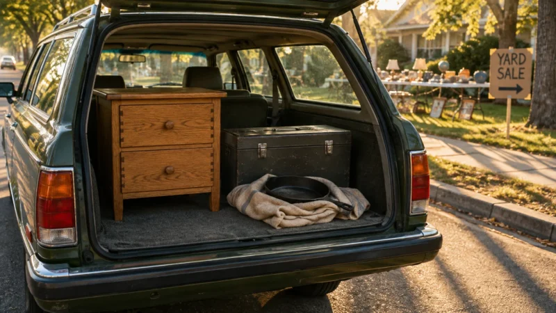 Wooden nightstand, vintage chest, and cast iron skillet loaded into the open trunk of a station wagon near a yard sale sign.