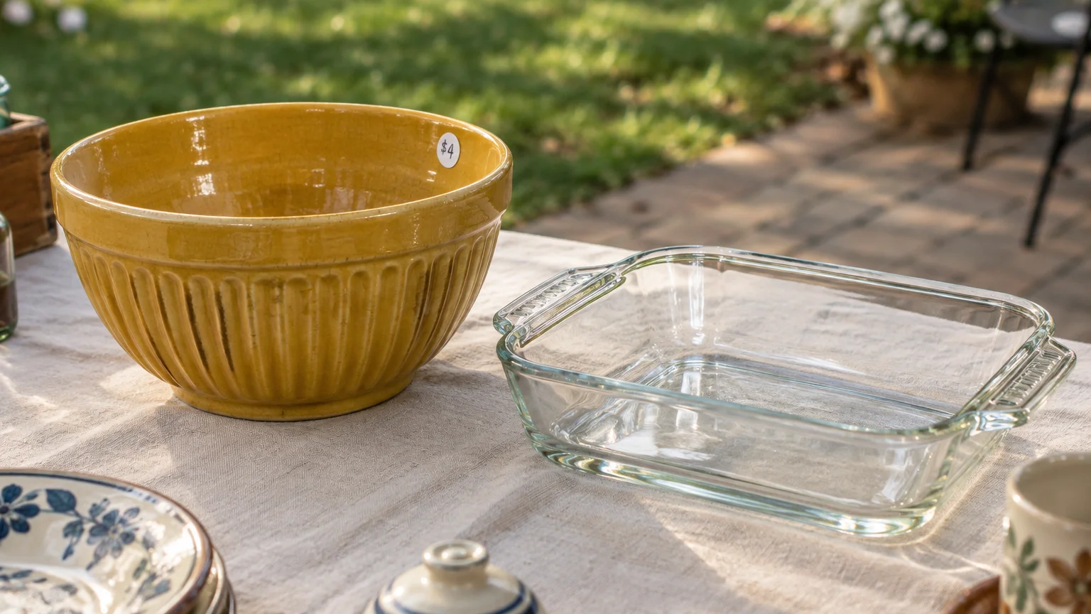 A yellow ceramic mixing bowl with a price tag sits beside a clear glass rectangular baking dish on an outdoor table.