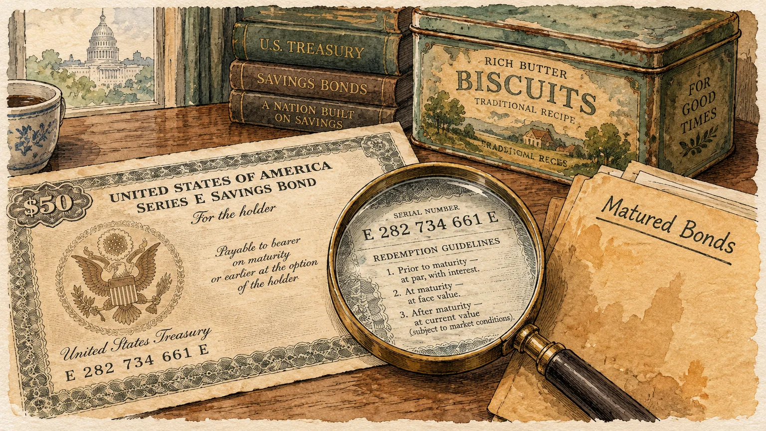 Illustration of a Series E savings bond, magnifying glass, biscuit tin, and books on a wooden desk by a window.