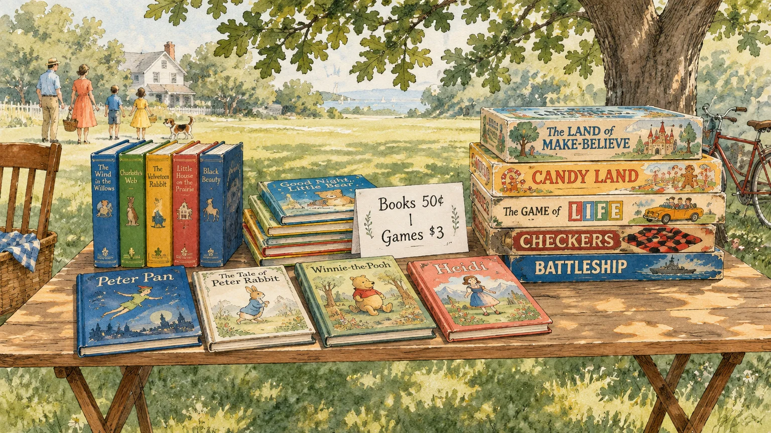 Illustration of vintage children's books and stacked board games on an outdoor wooden table with a price sign.