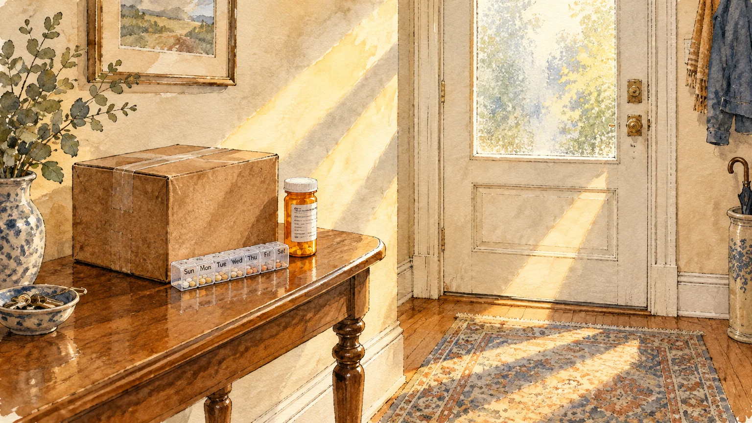 Watercolor illustration of a cardboard package, pill organizer, and prescription bottle on a wooden entryway table.
