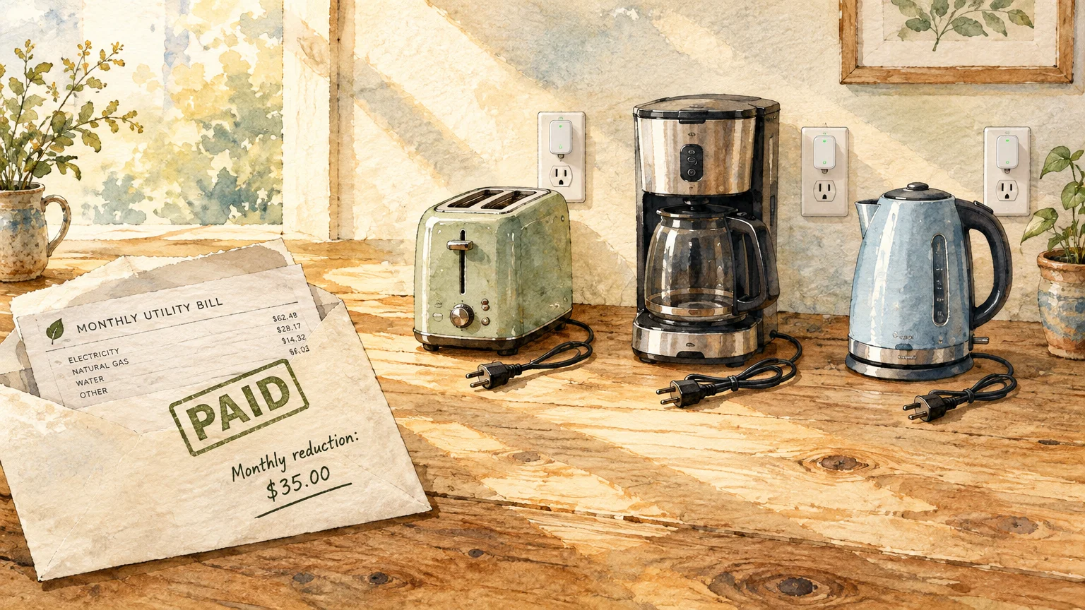 Watercolor illustration of unplugged kitchen appliances beside a paid monthly utility bill on a sunny counter.
