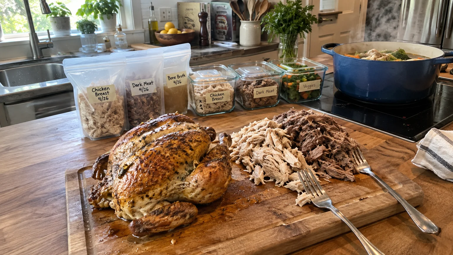 Whole roasted chicken and shredded meat on a cutting board beside meal prep containers, freezer bags, and simmering soup pot.