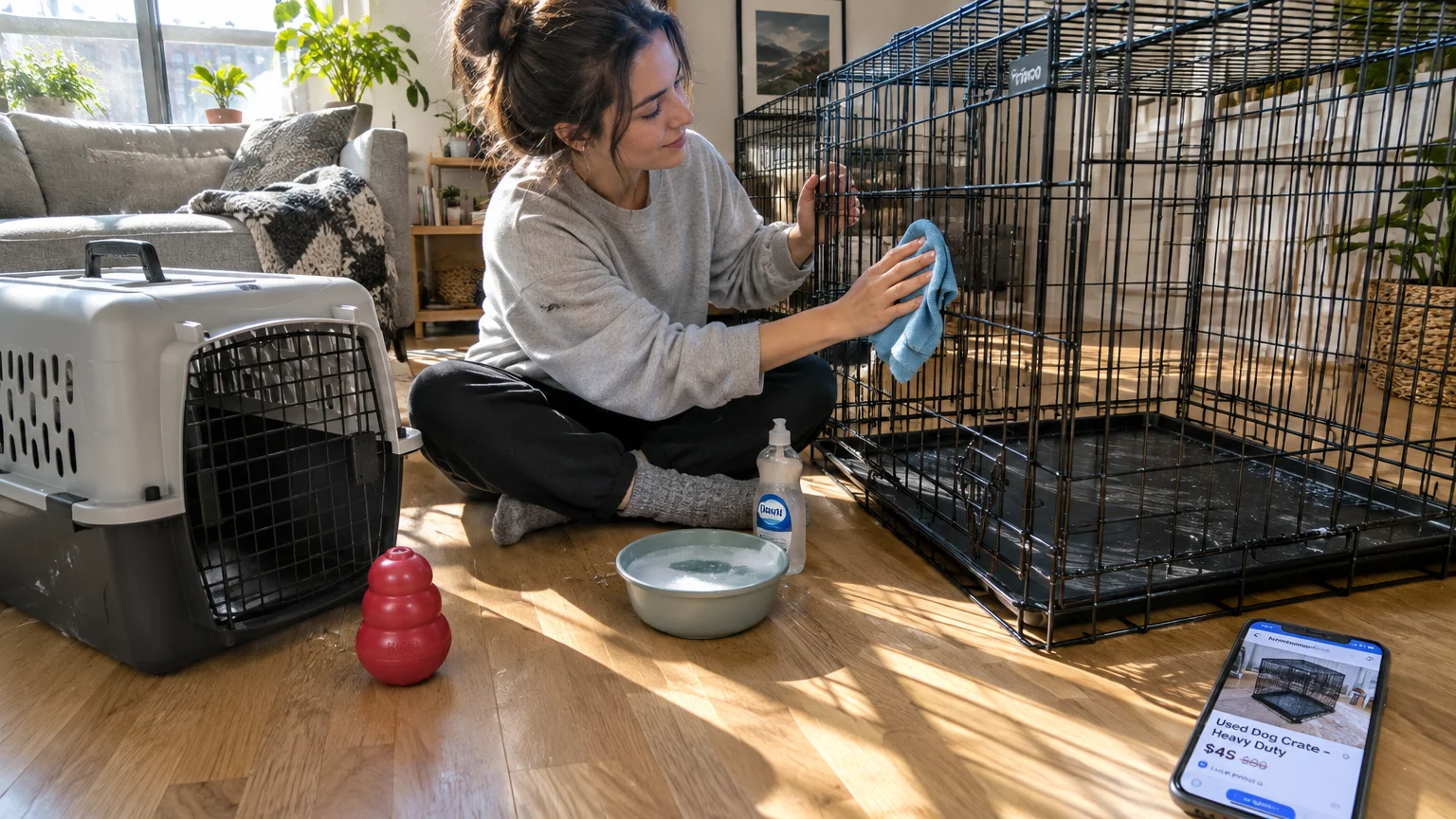 A woman cleans a black wire dog crate on a wooden floor next to a pet carrier and a smartphone showing a used crate listing.