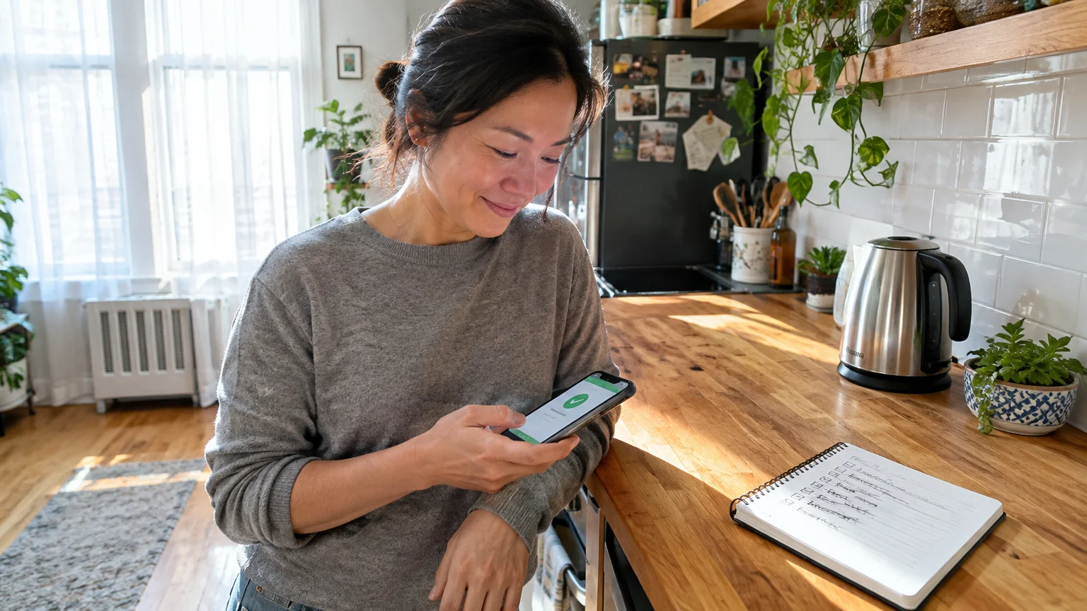 A woman looks at a smartphone with a green checkmark while leaning against a wooden kitchen counter next to a notebook.