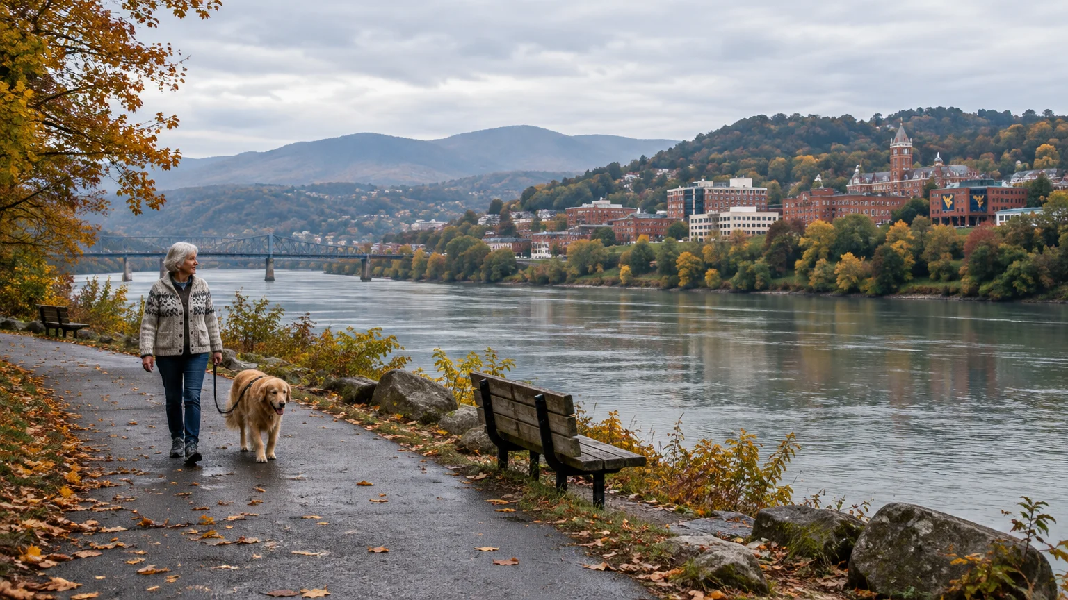 A woman walks a golden retriever along a paved riverside trail with autumn foliage, hills, and a town across the water.