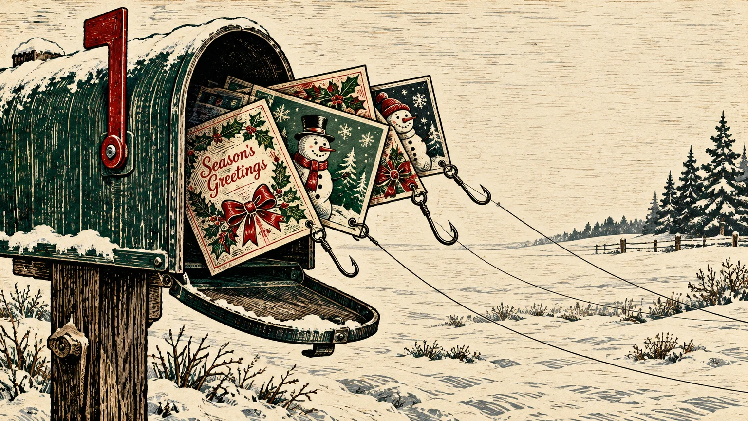 Snow-covered mailbox filled with holiday greeting cards attached to sharp fishhooks and lines in a winter field.